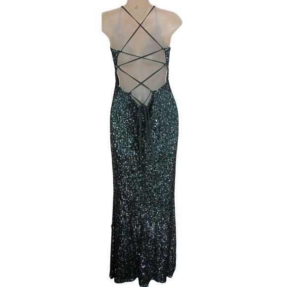 Ricarica Boutique Emerald Green Sequin Lace-Up Maxi Formal Dress - Picture 3 of 5